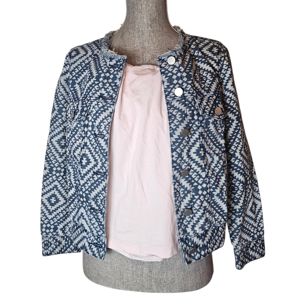 Rebecca Minkoff Aztec Denim Jacket Size M Collarless Southwestern Geometric Jean